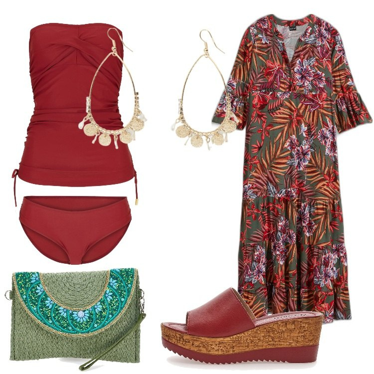 Outfit donna - Cherry Red, il rosso che fa tendenza. Stile Etnico per Mare. Abbinamento con vestiti lunghi, costumi interi, orecchini, ciabatte, borse a tracolla.