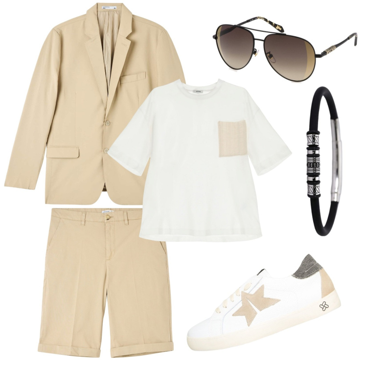 Outfit uomo - Uno sportivo ... elegante. Stile Casual per Tutti i giorni. Abbinamento con giacche, bermuda, braccialetti, sneakers, t-shirt, occhiali da sole.