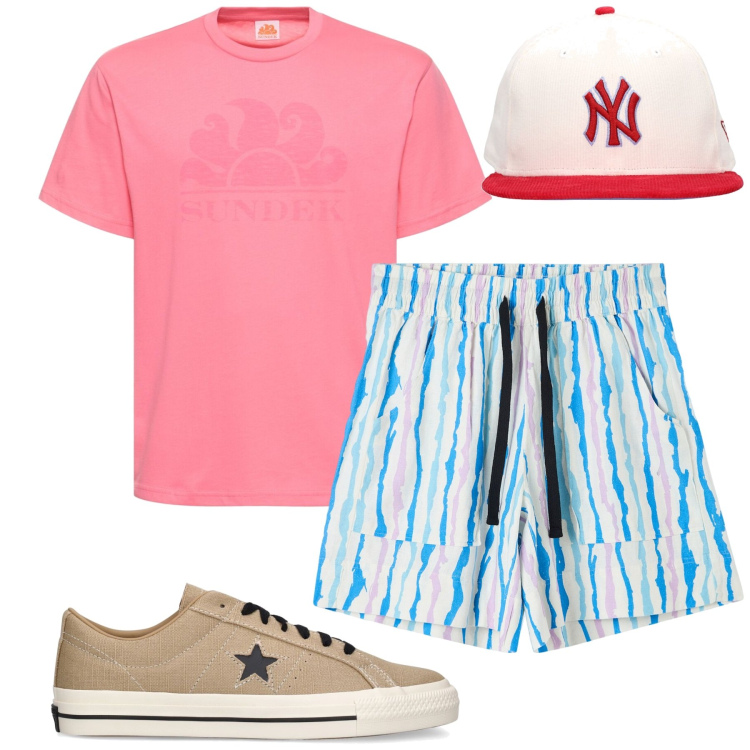 Outfit uomo - Total look #1908166. Stile Trendy per Tutti i giorni. Abbinamento con bermuda, sneakers, t-shirt, cappelli.