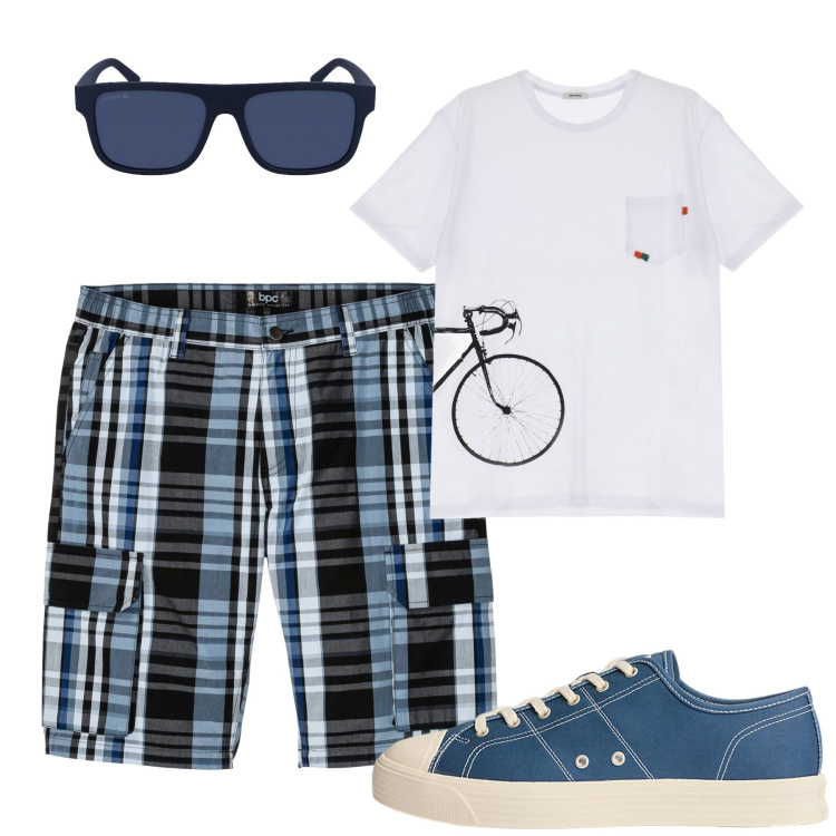 Outfit uomo - Fa caldo. Stile Casual per Tutti i giorni. Abbinamento con bermuda, t-shirt, sneakers, occhiali da sole.