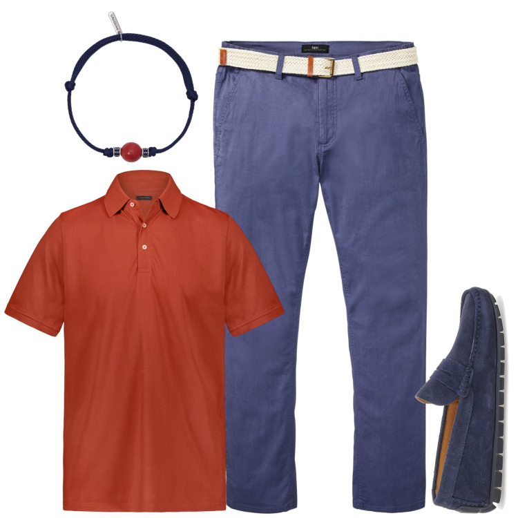 Outfit uomo - Rosso mattone e bluette. Stile Trendy per Tutti i giorni. Abbinamento con pantaloni chino, braccialetti, scarpe stringate, polo.