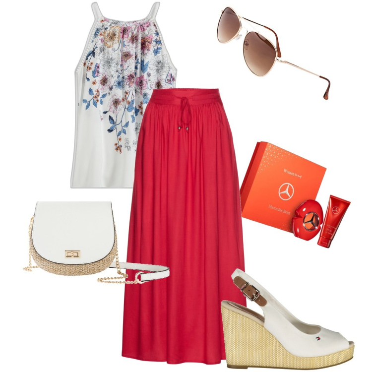 Outfit donna - Una lunga gonna rossa. Stile Bon Ton per Tutti i giorni. Abbinamento con gonne lunghe, borse a tracolla, occhiali da sole, top, profumi, sandali.