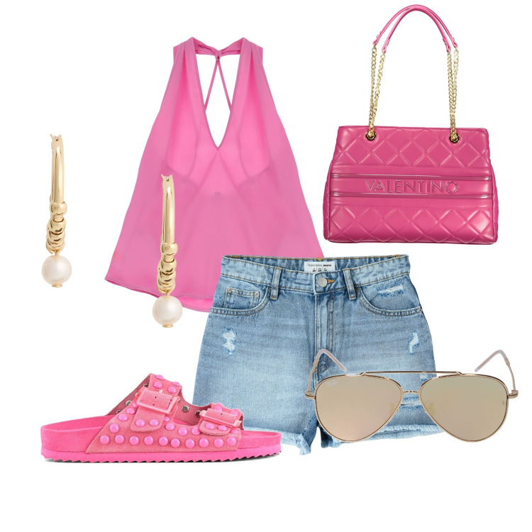 Outfit donna - Total look #1908186. Stile Casual per Tutti i giorni. Abbinamento con shorts, top, orecchini, borse a spalla, occhiali da sole, sandali.