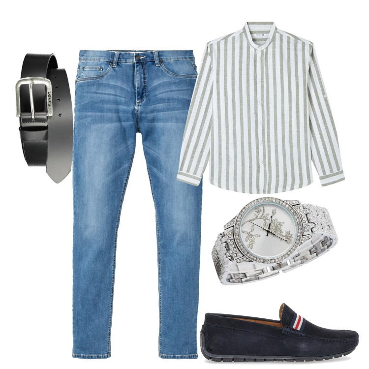 Outfit uomo - Un aperitivo con gli amici. Stile Trendy per Serata speciale. Abbinamento con jeans, t-shirt sportive, camicie, scarpe stringate, cinture.