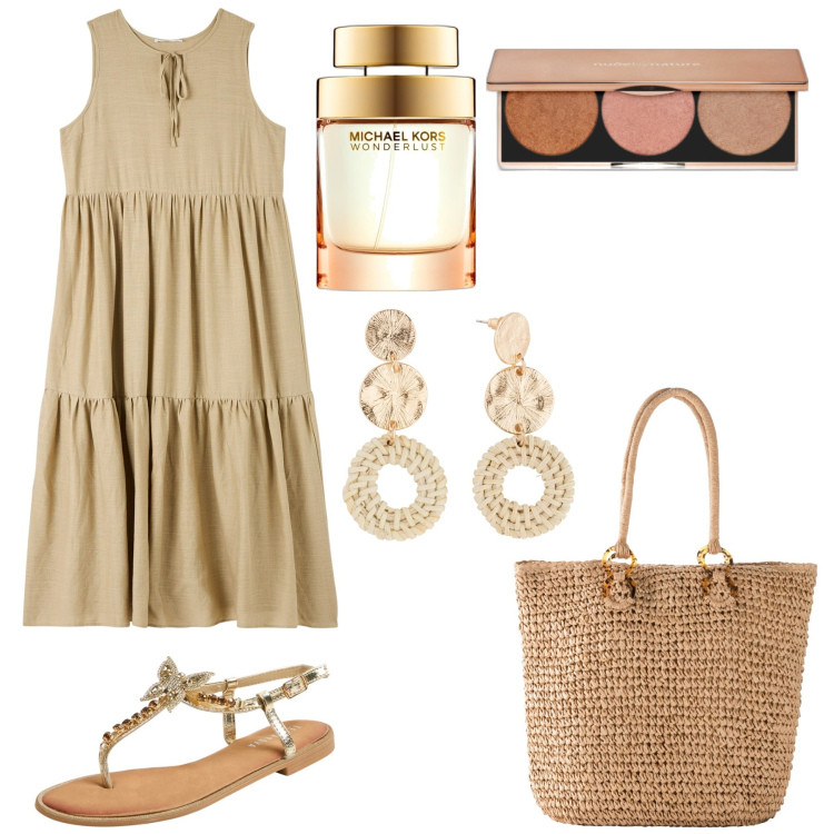 Outfit donna - Per tutti i giorni. Stile Etnico per Tutti i giorni. Abbinamento con orecchini, shopping bag, profumi, blush, vestiti senza maniche, sandali gioiello.