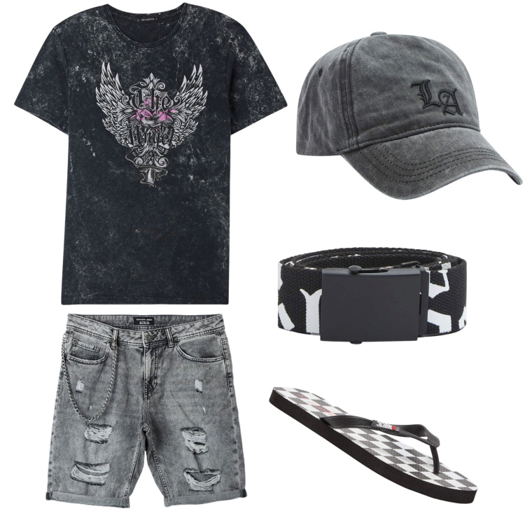 Outfit uomo - Sfumature di grigio Terranova style. Stile Casual per Tutti i giorni. Abbinamento con sandali, cappelli, t-shirt, cinture, bermuda.