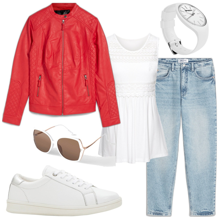 Outfit donna - Cherry red - giubbino ciliegia. Stile Glamour per Tutti i giorni. look ideale per Petite. Abbinamento con sneakers, blazer, jeans mom, top, occhiali da sole, orologi.