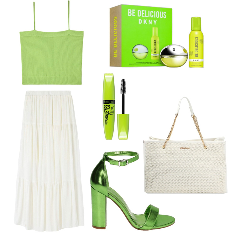 Outfit donna - Il top verde. Stile Trendy per Tutti i giorni. Abbinamento con mascara, profumi, gonne lunghe, canottiere, sandali col tacco, borse a spalla.