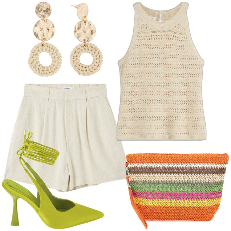 Outfit donna - Total look #1908206. Stile Boho per Serata fuori. Abbinamento con orecchini, top, bermuda, décolleté, borse a mano.