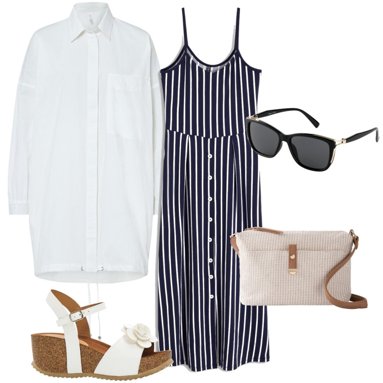 Outfit donna - Il camicione bianco. Stile Trendy per Ufficio. Abbinamento con sandali, vestiti midi/longuette, camicie, borse a tracolla, occhiali da sole.