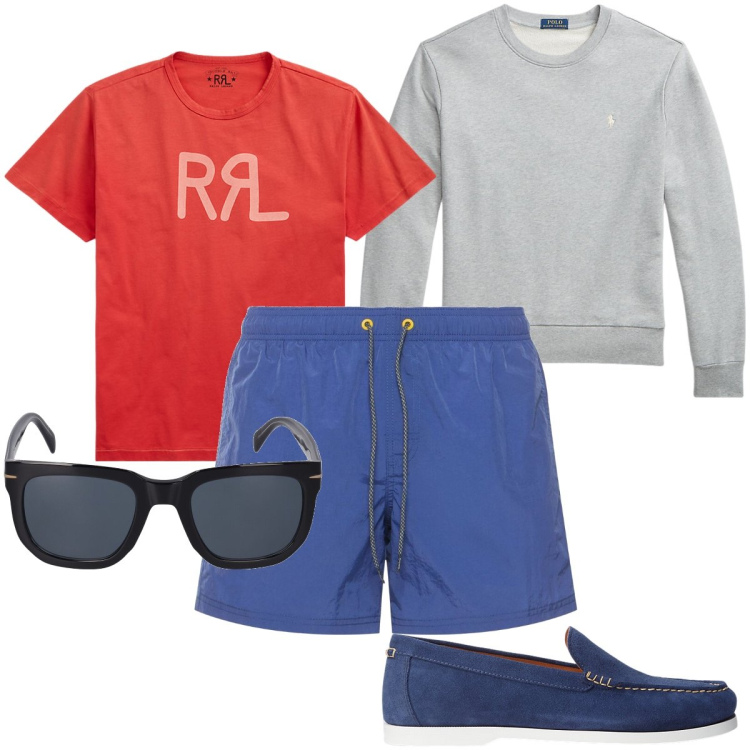 Outfit uomo - Gita in barca. Stile Trendy per Mare. Abbinamento con scarpe stringate, t-shirt, felpe, occhiali da sole, shorts.