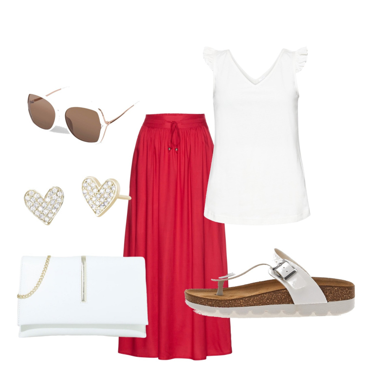 Outfit donna - Total look #1908228. Stile Casual per Ufficio. Abbinamento con gonne lunghe, top, occhiali da sole, orecchini, pochette, ciabatte.
