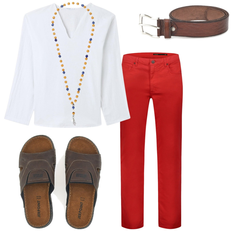 Outfit uomo - La sera al bar. Stile Trendy per Tutti i giorni. Abbinamento con camicie, collane, pantaloni, cinture, sandali.