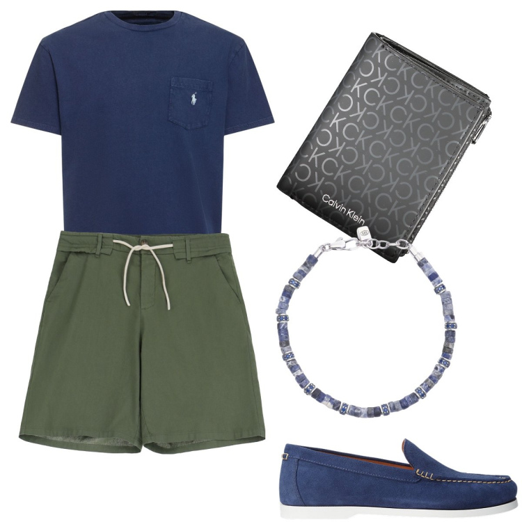 Outfit uomo - Un pantaloncino in lino per la sera. Stile Trendy per Serata speciale. Abbinamento con braccialetti, bermuda, scarpe stringate, t-shirt, portafogli.
