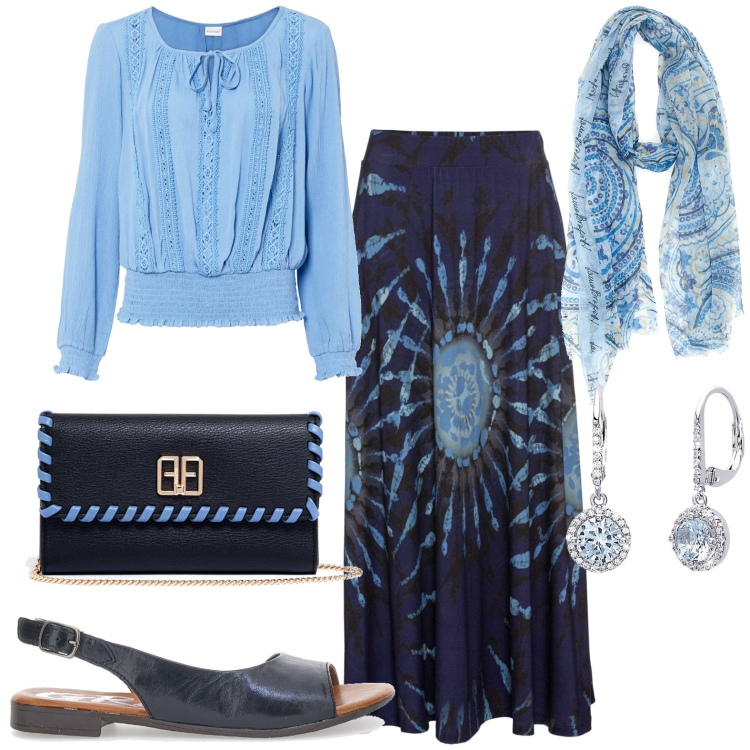 Outfit donna - Total look #1908241. Stile Casual chic per Tutti i giorni. Abbinamento con gonne, bluse, orecchini, pochette, sandali in pelle, sciarpe.