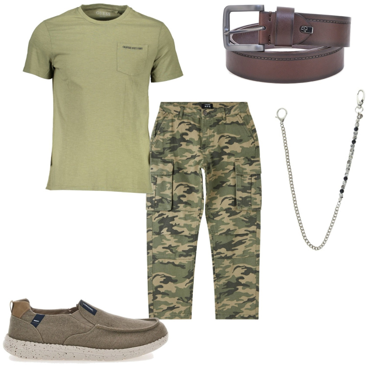 Outfit uomo - Il pomeriggio in giro. Stile Trendy per Tutti i giorni. Abbinamento con pantaloni cargo, collane, cinture, t-shirt, scarpe stringate.