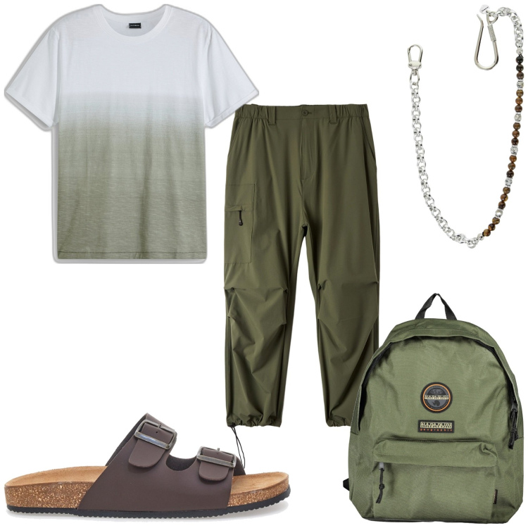 Outfit uomo - Il pomeriggio verso il mare. Stile Trendy per Tutti i giorni. Abbinamento con t-shirt, pantaloni, collane, borse sportive, sandali.