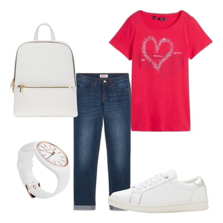 Outfit donna - Total look #1908264. Stile Casual per Ufficio. Abbinamento con t-shirt, jeans dritti, sneakers, orologi, zaini.