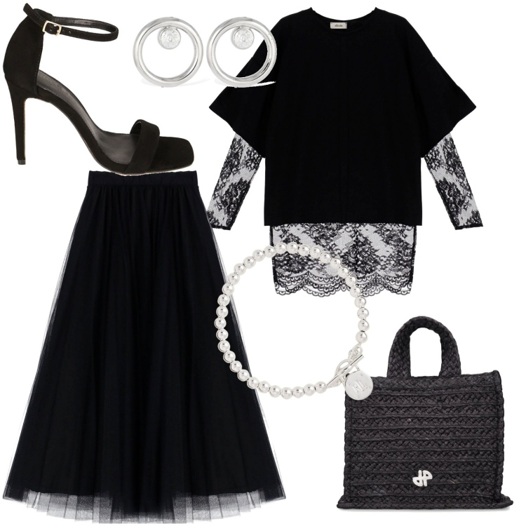 Outfit donna - Total look #1908275. Stile Chic per Serata fuori. Abbinamento con gonne longuette, sandali col tacco, braccialetti, t-shirt, orecchini, shopping bag.