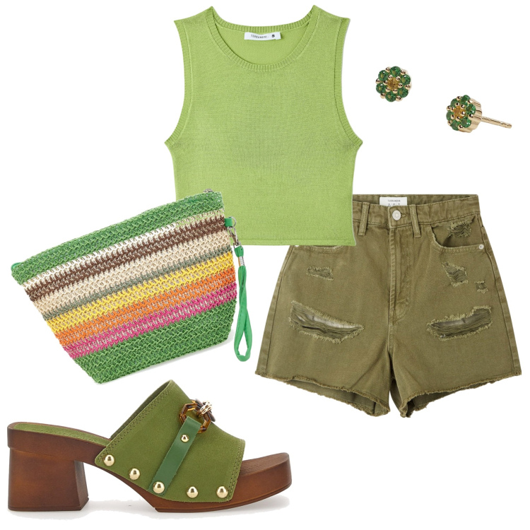 Outfit donna - Verde lime. Stile Casual per Tutti i giorni. Abbinamento con shorts, top, orecchini, zoccoli, borse a mano.