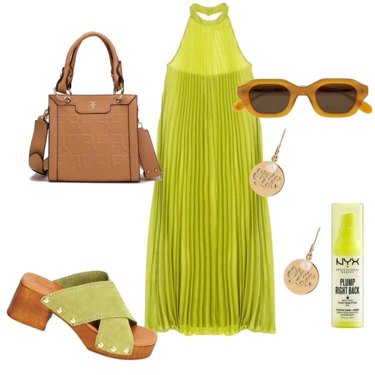 Outfit donna - Total look #1908292. Stile Casual per Tutti i giorni. Abbinamento con primer, borse tote, sandali col tacco, orecchini, vestiti lunghi, occhiali da sole.