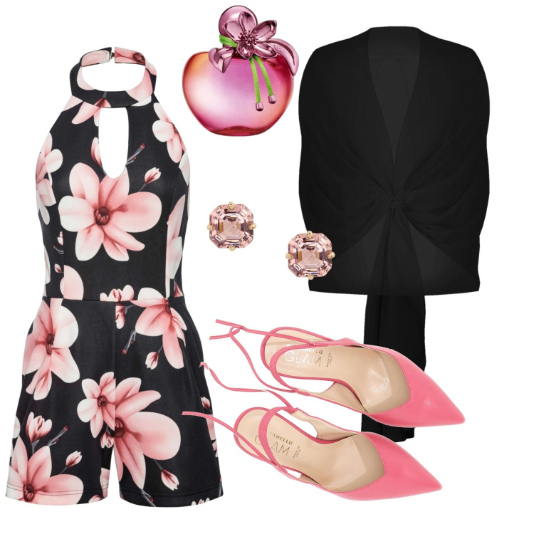 Outfit donna - Romantica con fiori di magnolia. Stile Romantica per Serata fuori. Abbinamento con tute, profumi, stole, orecchini, décolleté.