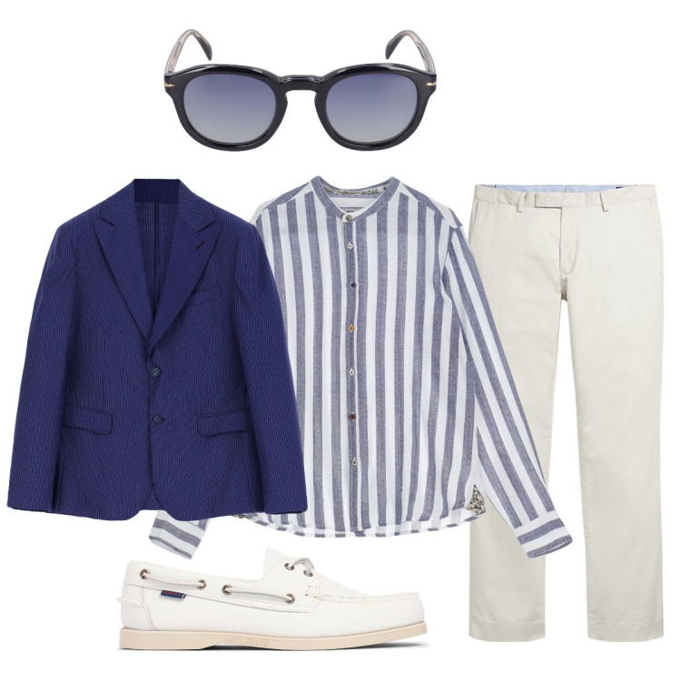 Outfit uomo - Trendy per la gita in barca. Stile Trendy per Mare. Abbinamento con camicie, giacche, pantaloni chino, occhiali da sole, scarpe stringate.