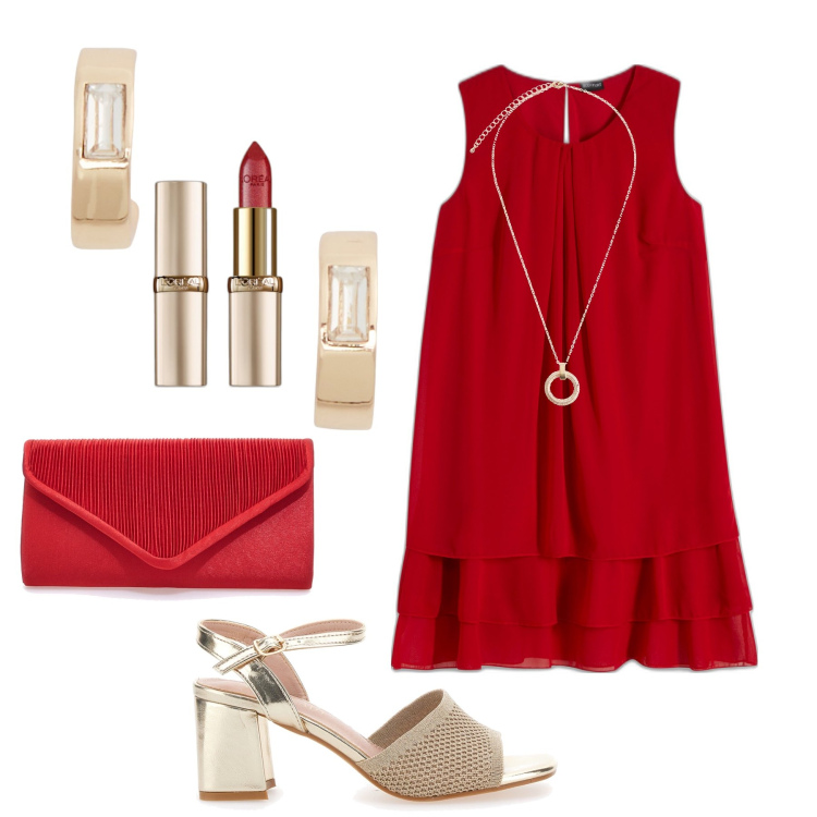 Outfit donna - Serata cherry red taglie morbide. Stile Chic per Serata fuori. Abbinamento con vestiti, collane, rossetti, orecchini, sandali col tacco, pochette.
