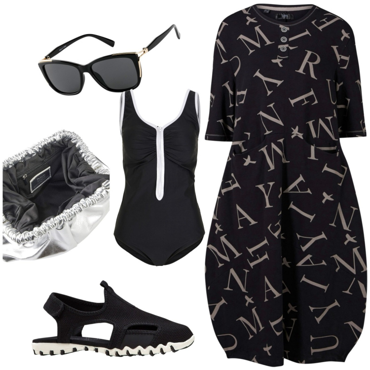 Outfit donna - Al mare. Stile Casual per Mare. Abbinamento con sandali, costumi interi, pochette, vestiti midi/longuette, occhiali da sole.