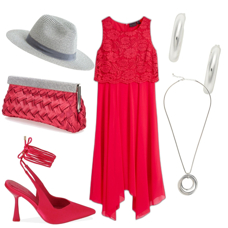 Outfit donna - Total look #1908313. Stile Chic per Serata fuori. Abbinamento con vestiti senza maniche, collane, cappelli, décolleté, orecchini, pochette.