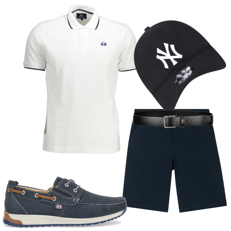 Outfit uomo - Gita in barca. Stile Casual per Mare. Abbinamento con bermuda, cappelli con visiera, cinture, polo, scarpe stringate.