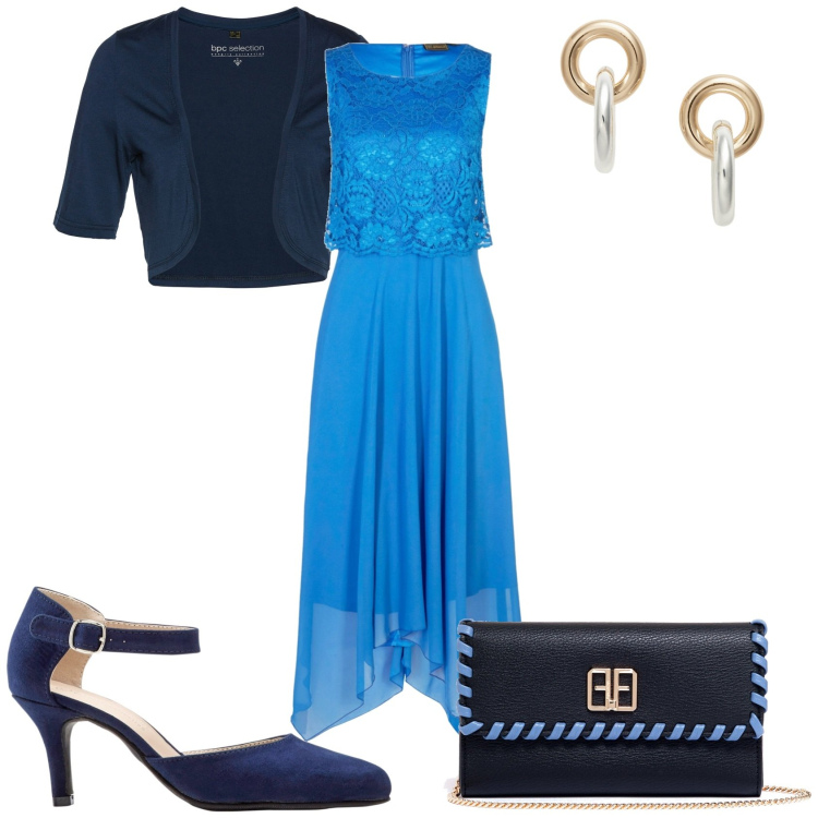 Outfit donna - La cerimonia in turchese. Stile Glamour per Cerimonia. Abbinamento con décolleté, vestiti senza maniche, blazer, pochette, orecchini.