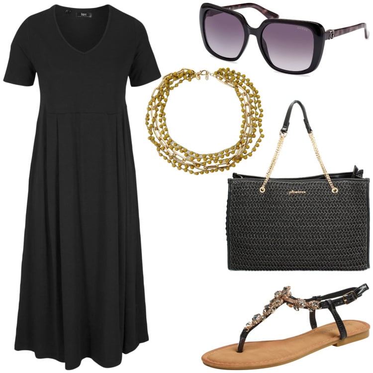 Outfit donna - Perfetta in poche mosse. Stile Minimal per Tutti i giorni. Abbinamento con vestiti midi/longuette, sandali gioiello, borse a spalla, collane, occhiali da sole.