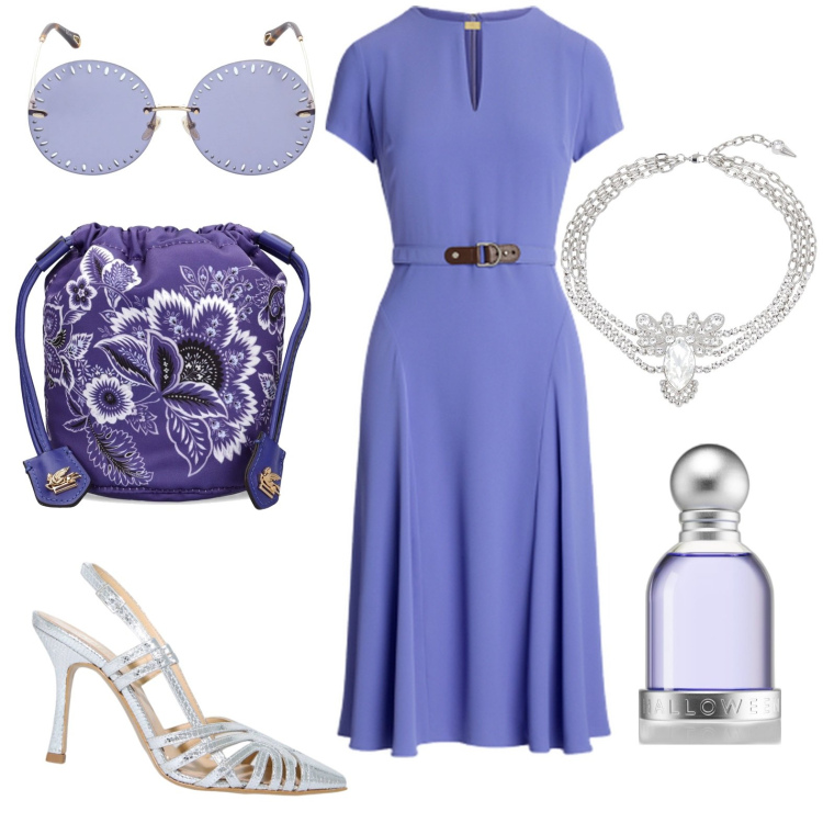 Outfit donna - Total look #1908322. Stile Chic per Serata fuori. Abbinamento con profumi, sandali in pelle, vestiti, borse a mano, occhiali da sole, collane.