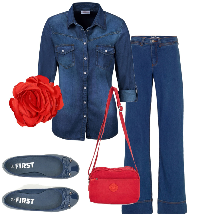 Outfit donna - Cherry Red. Stile Casual per Ufficio. Abbinamento con camicie, jeans, braccialetti, ballerine, borse a tracolla.