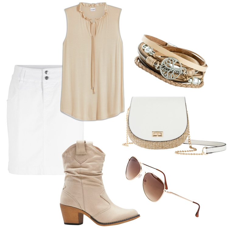 Outfit donna - In tendenza con Bonprix. Stile Trendy per Tutti i giorni. Abbinamento con minigonne, stivaletti texani, braccialetti, occhiali da sole, borse a tracolla, top.