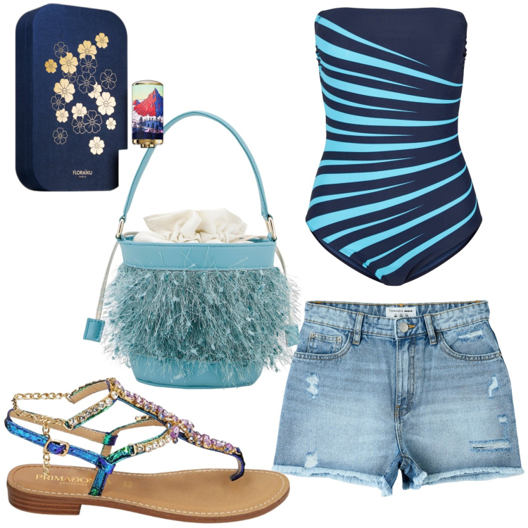Outfit donna - Total look #1908333. Stile Casual per Mare. Abbinamento con costumi interi, profumi, shorts, ciabatte, borse a secchiello.