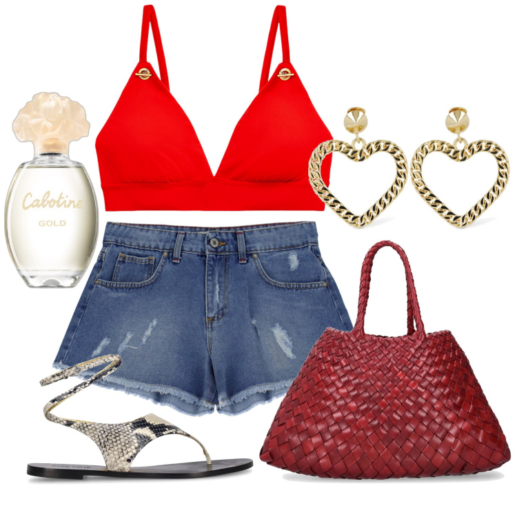 Outfit donna - Festa in spiaggia. Stile Casual chic per Serata fuori. Abbinamento con profumi, shorts, top, borse a mano, orecchini, sandali in pelle.