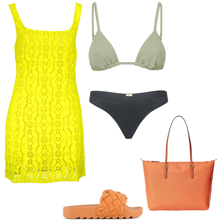Outfit donna - Festa in the beach. Stile Trendy per Mare. Abbinamento con borse tote, ciabatte, bikini, bikini, vestiti corti.