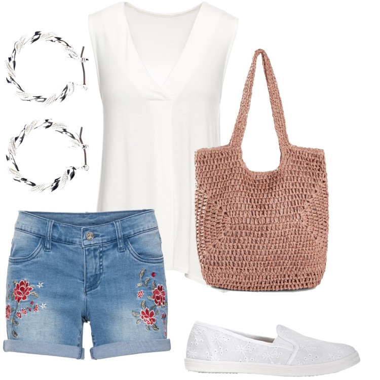 Outfit donna - Stile e comodità. Stile Casual per Mare. Abbinamento con top, ballerine, orecchini, shopping bag, shorts.