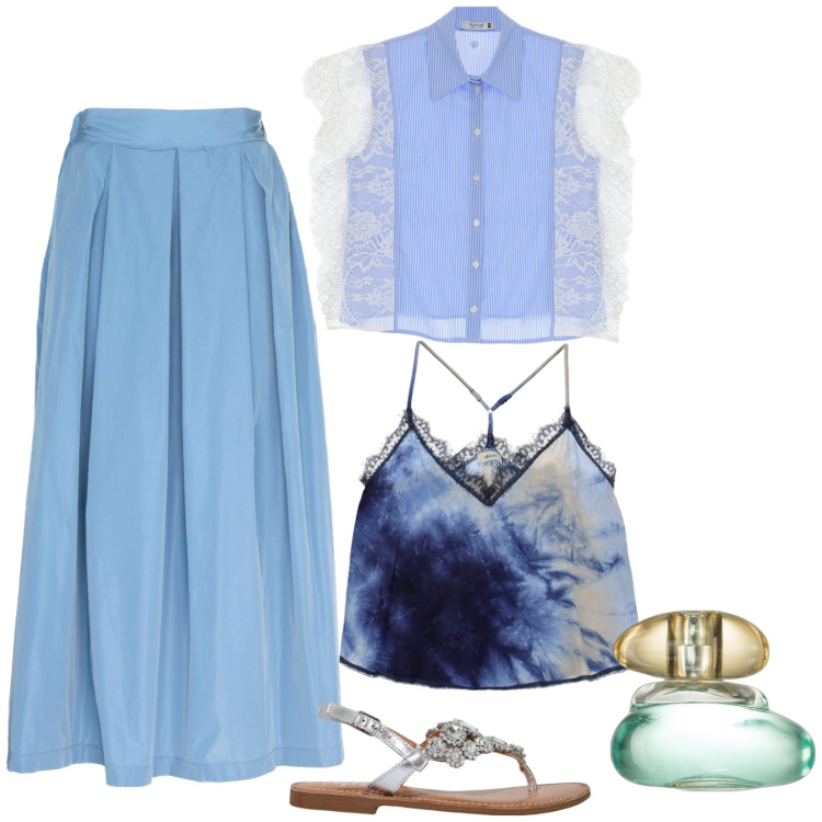Outfit donna - Valigie pronte. Stile Romantica per Serata fuori. Abbinamento con profumi, camicie, top, sandali, gonne.