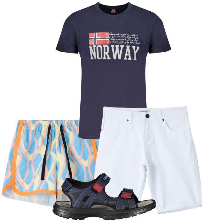 Outfit uomo - In barca con gli amici. Stile Casual per Tutti i giorni. Abbinamento con costumi, pantaloni, sandali, t-shirt.