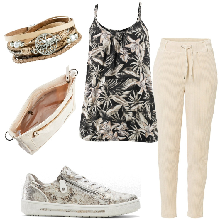 Outfit donna - Total look #1908343. Stile Casual per Tutti i giorni. Abbinamento con top, pantaloni, braccialetti, sneakers, borse a tracolla.