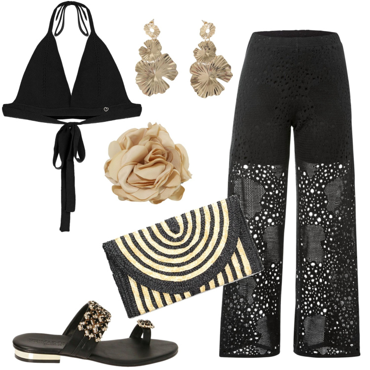 Outfit donna - Black per la sera. Stile Glamour per Serata fuori. Abbinamento con pantaloni, top, pochette, sandali gioiello, orecchini, braccialetti.