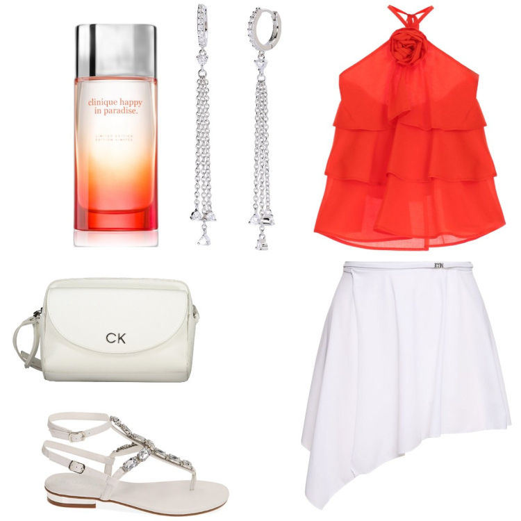Outfit donna - Total look #1908354. Stile Preppy per Serata fuori. Abbinamento con profumi, orecchini, top, ciabatte, borse a tracolla, minigonne.
