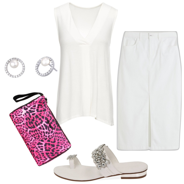 Outfit donna - Gonna midi di jeans. Stile Casual per Tutti i giorni. Abbinamento con top, gonne longuette, orecchini, sandali gioiello, valigie.