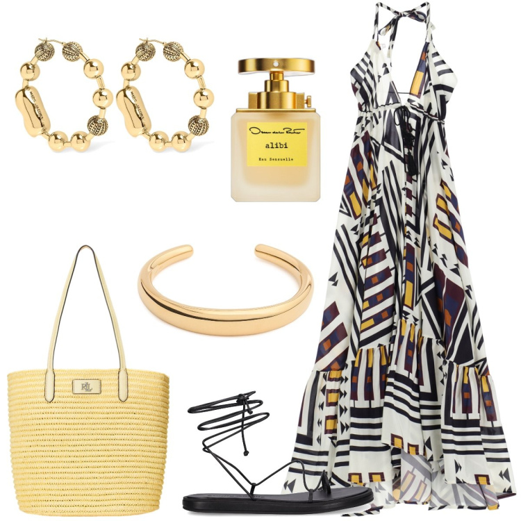 Outfit donna - Total look #1908357. Stile Boho per Serata fuori. Abbinamento con profumi, vestiti lunghi, borse tote, orecchini, braccialetti, sandali in pelle.