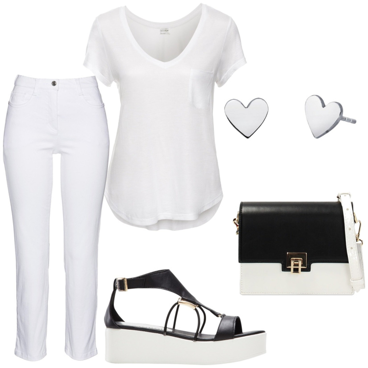 Outfit donna - Cuori d\'argento. Stile Casual per Ufficio. Abbinamento con t-shirt, sandali col tacco, pantaloni, orecchini, borse a tracolla.