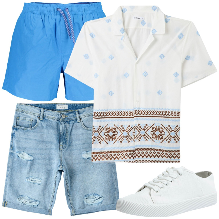 Outfit uomo - Total look #1908363. Stile Trendy per Mare. Abbinamento con camicie a manica corta, sneakers, shorts, costumi.