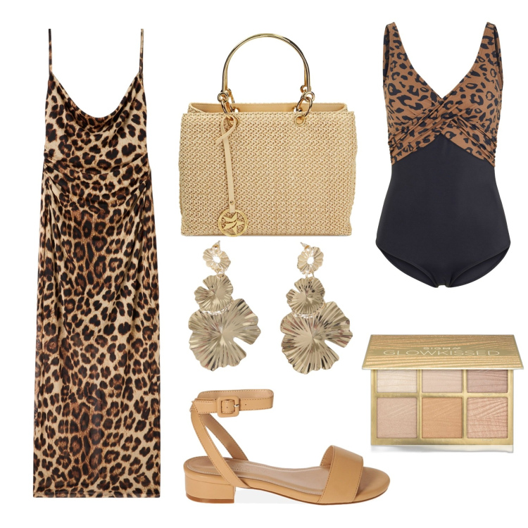 Outfit donna - Animalier. Stile Glamour per Serata fuori. Abbinamento con costumi interi, blush, vestiti lunghi, borse a mano, sandali, orecchini.